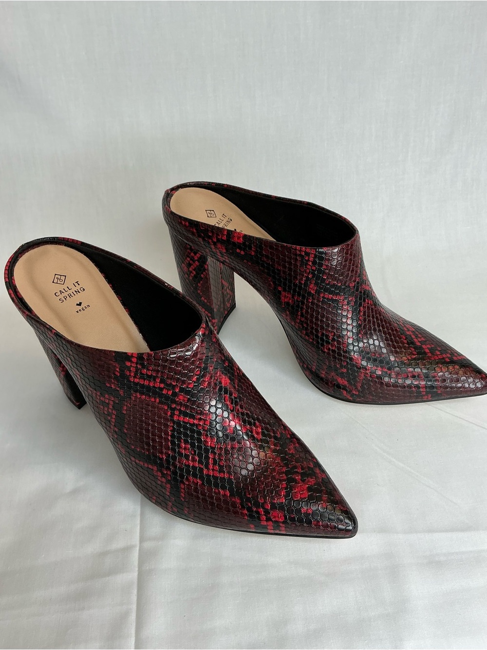 2108 - Call It Spring Red and Black Snake-Print Pointed Mules